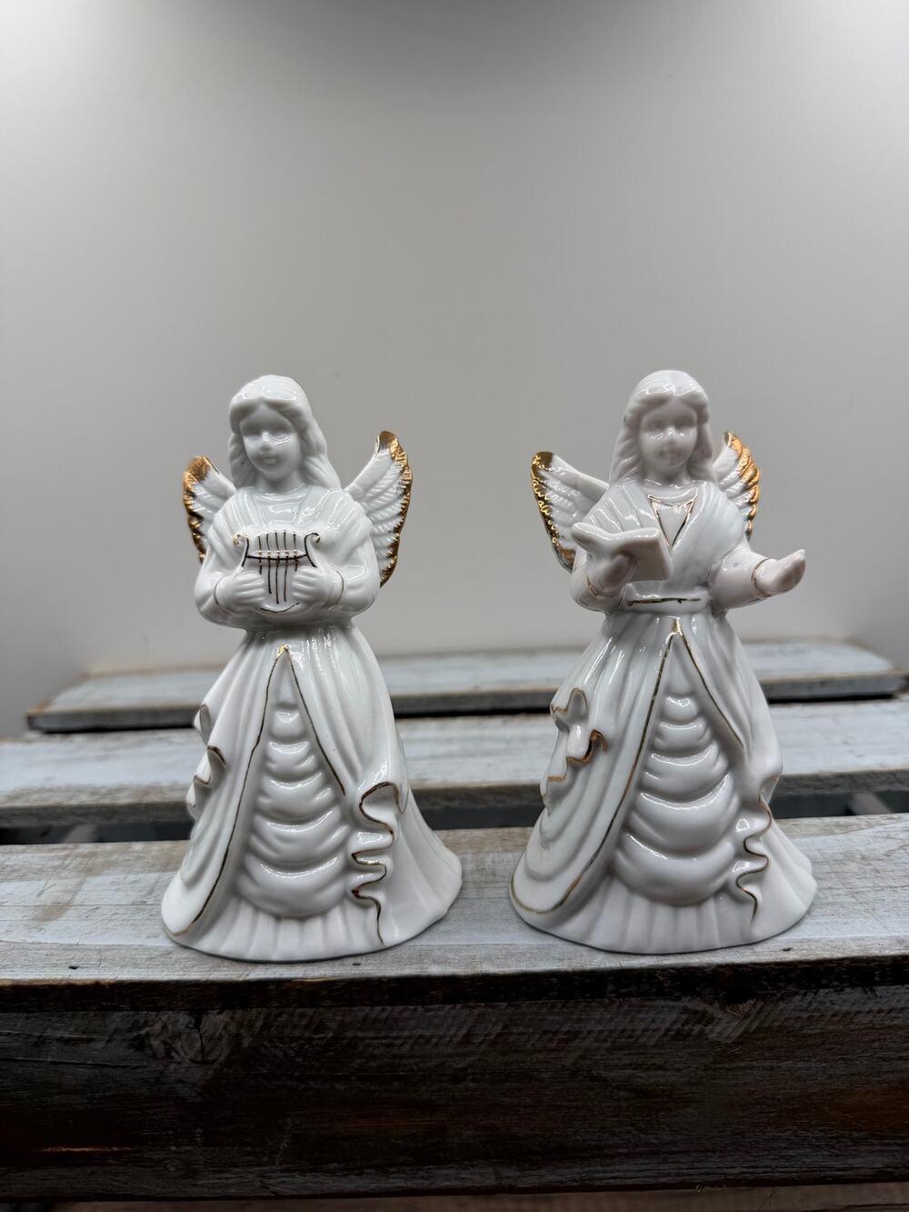 Vintage White Porcelain Angel Bells Pair-Gold Trim-Musical Harp Songbook- Set 2